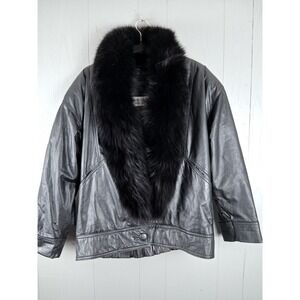 Vintage 70s Leather Jacket W/ Real Fox Fur Trim Bomber Outwear LARGE Black Women